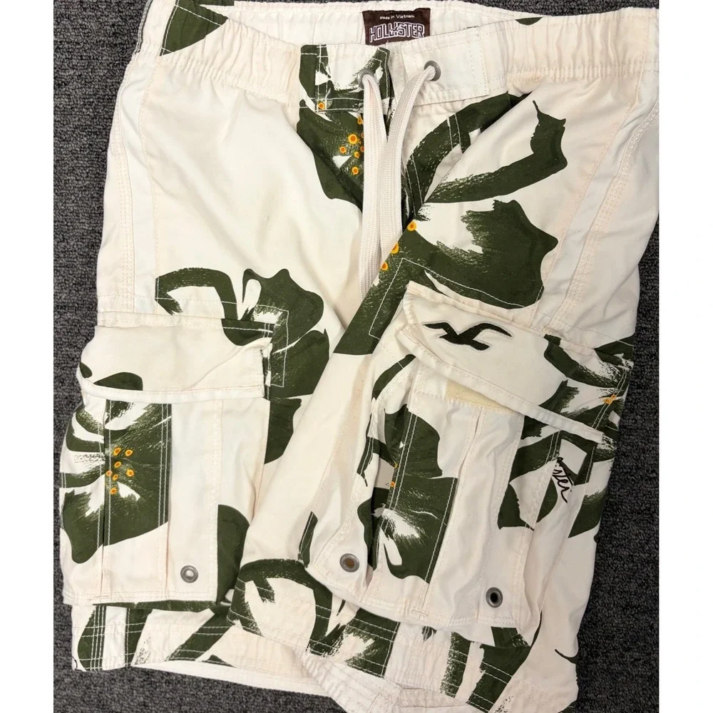 Hollister Mens Cargo Swim Trunks White Green Floral‎ Hibiscus Board Shorts Small